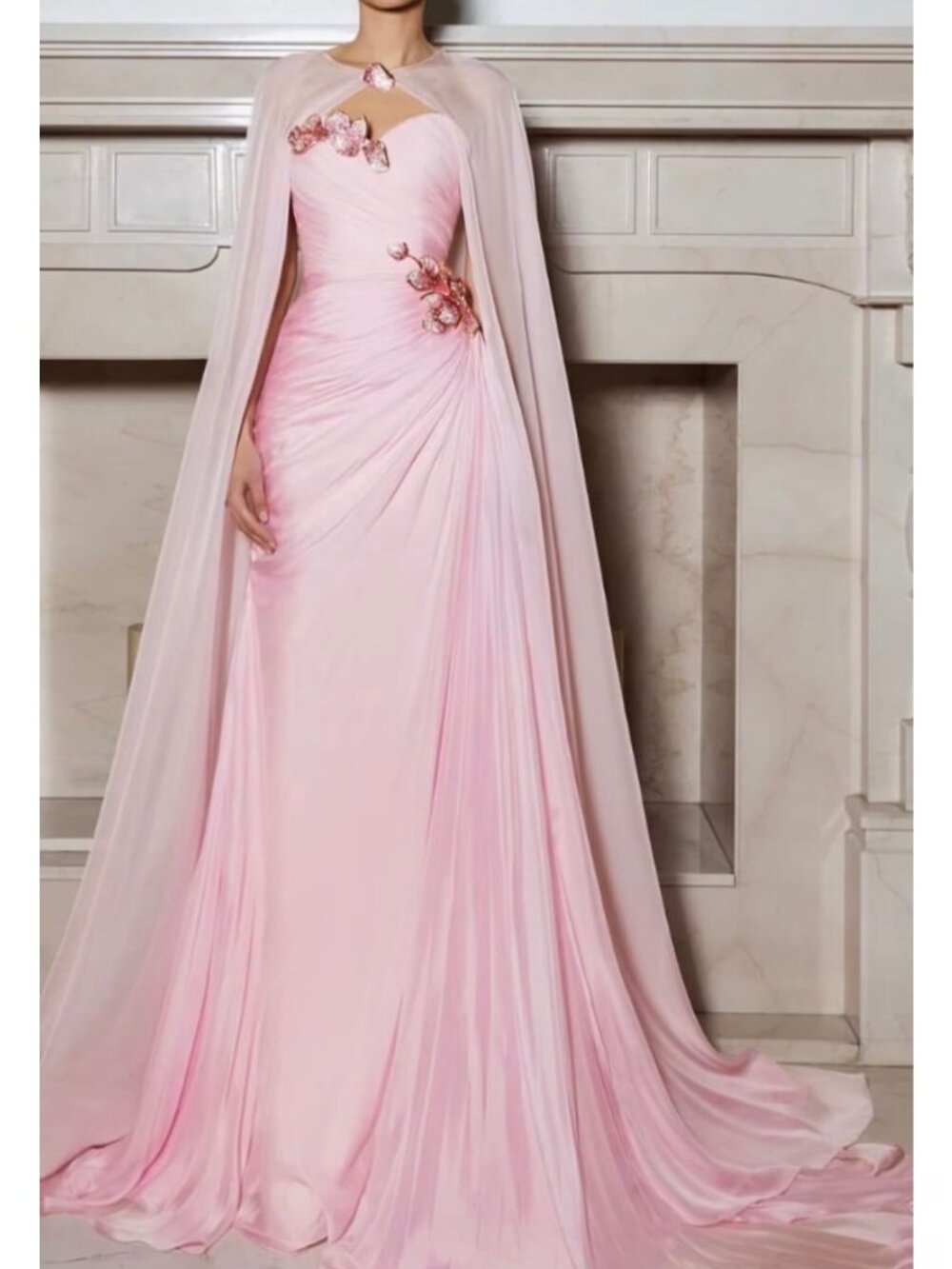 Sophie Couture BLUSH PINK GOWN WITH CAPE AND BEJEWELED FLOWERS